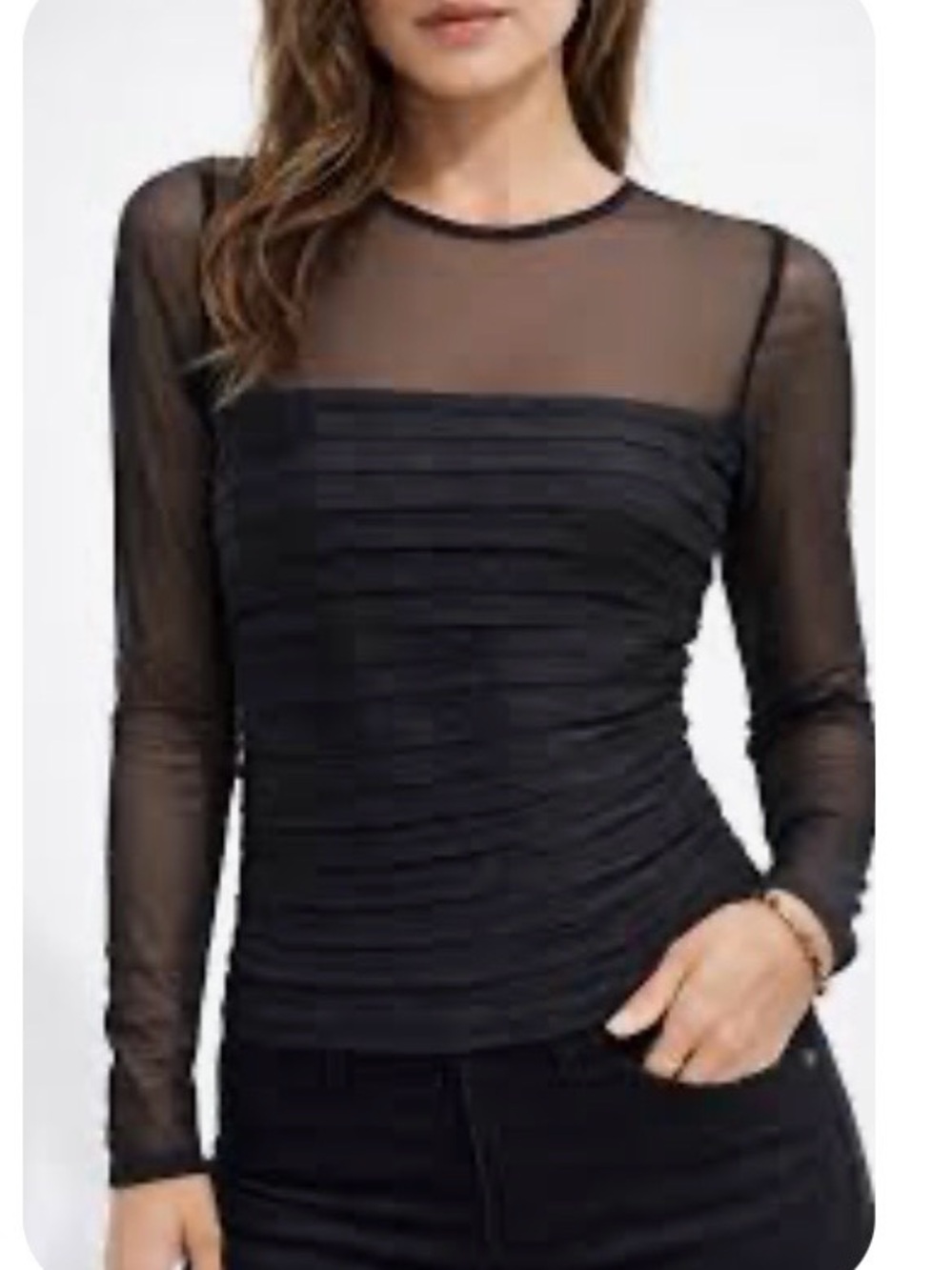 Cinq a Sept Sheer Mesh Long-Sleeve Black Top